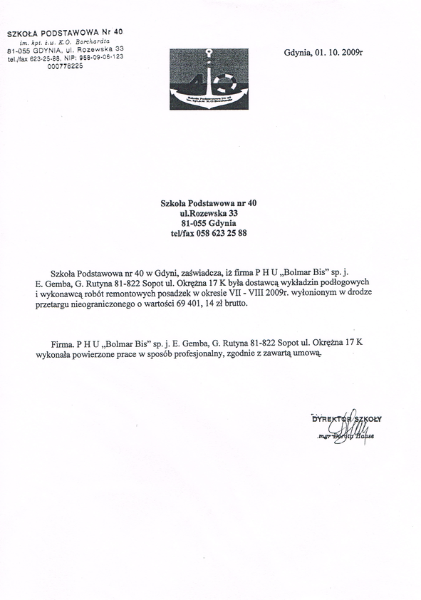 Referencja od firmy Szkoła podstawowa nr 40 w Gdyni
