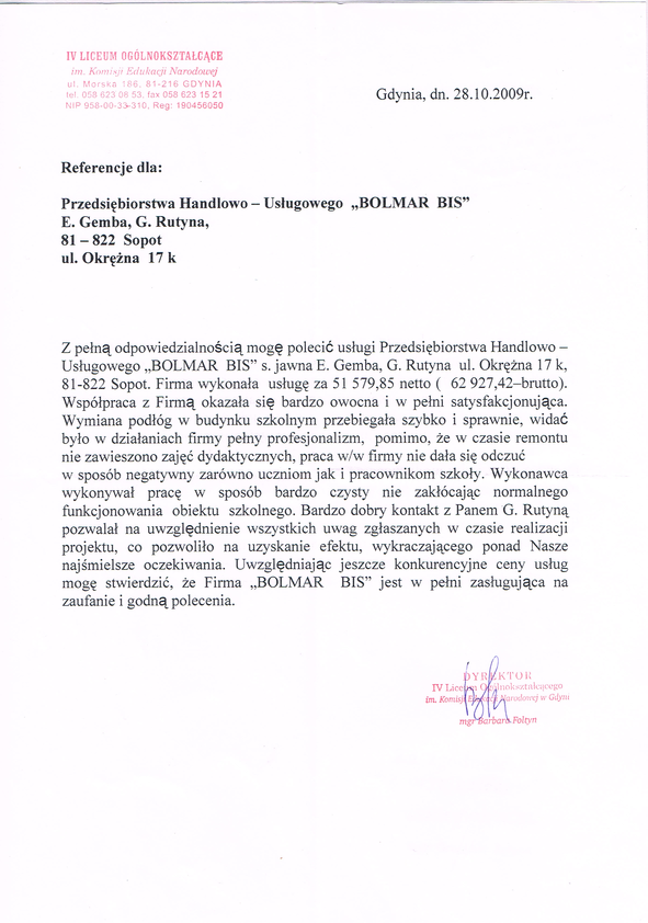 Referencja od firmy IV Liceum Ogólnokształcące w Gdyni