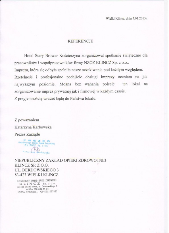 Referencja od firmy NZOZ Klincz Sp. z o. o.