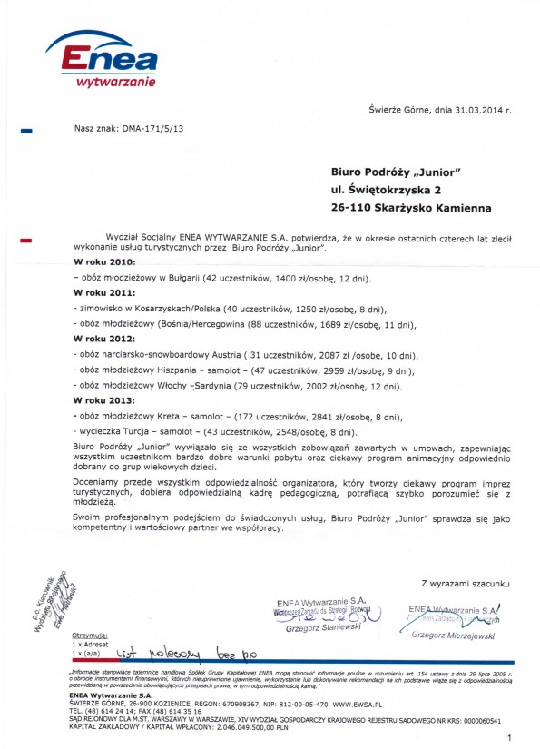 Referencja od firmy Enea Wytwarzanie S.A.