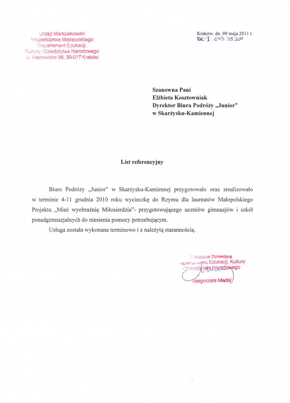 Referencja od firmy Urząd Marszałkowski Województwa Małopolskiego