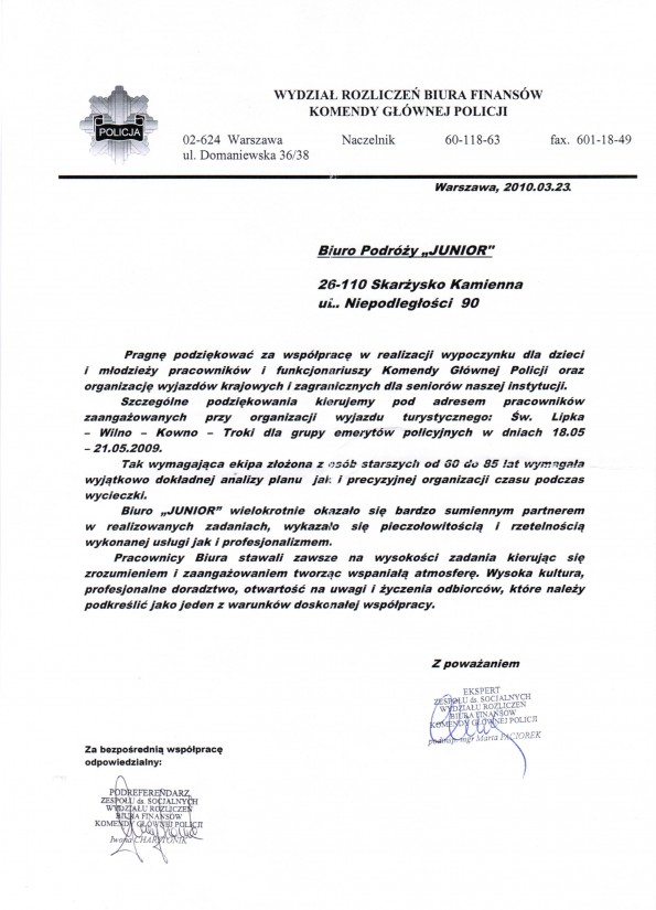 Referencja od firmy Komenda Główna Policji Warszawa