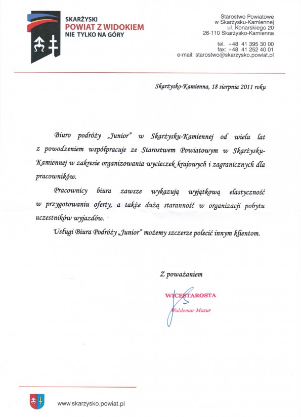 Referencja od firmy Starostwo Powiatowe w Skarżysku-Kamiennej