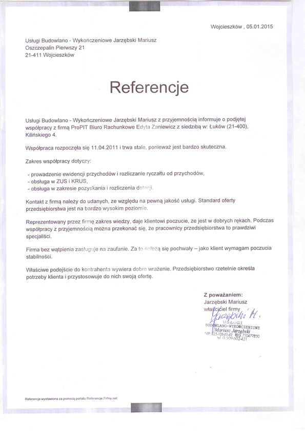 Referencja od firmy Usługi budowlano-wykończenowe M. Jarzębski