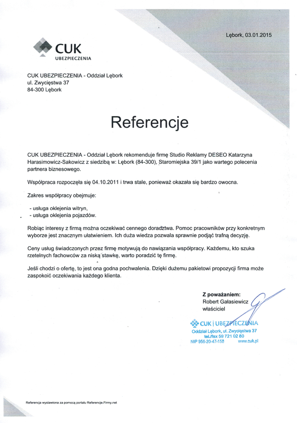 Referencja od firmy CUK UBEZPIECZENIA - Oddział Lębork