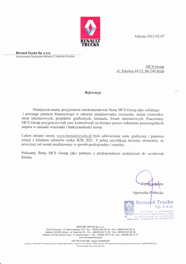 Referencja od firmy Berandr Trucks