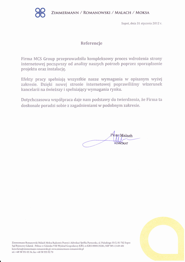 Referencja od firmy Zimmeramnn Romanowski Malach Moksa