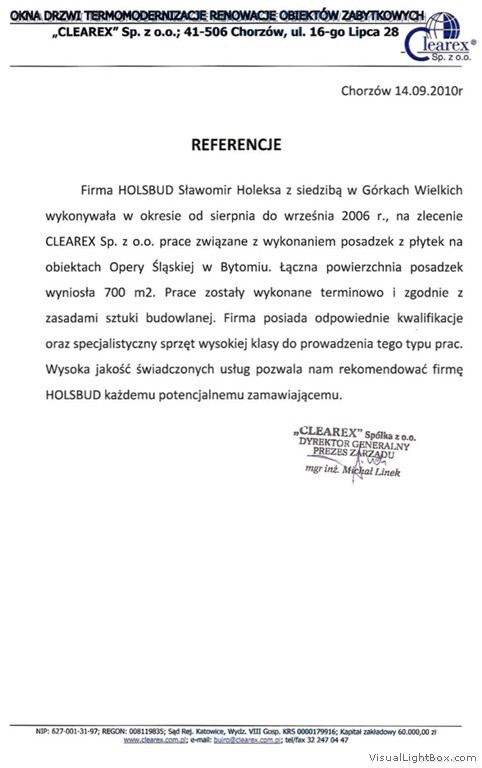 Referencja od firmy CLEAREX Sp. z o.o.