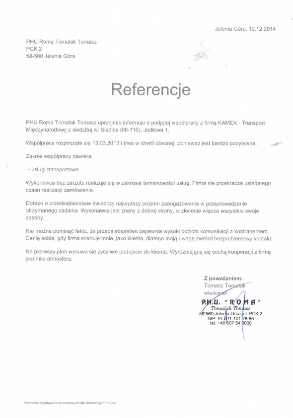 Referencja od firmy PHU Roma Tomalak Tomasz