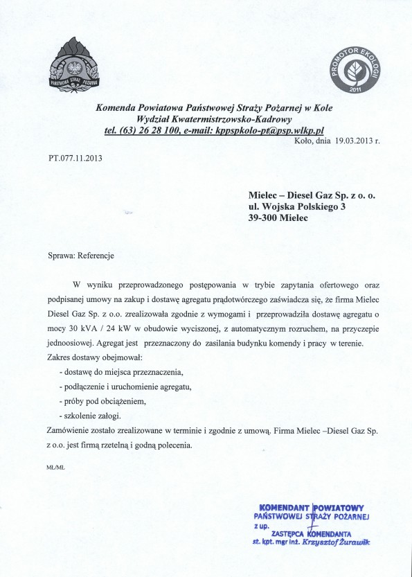 Referencja od firmy Komenda Powiatowa Straży Pożarnej w Kole