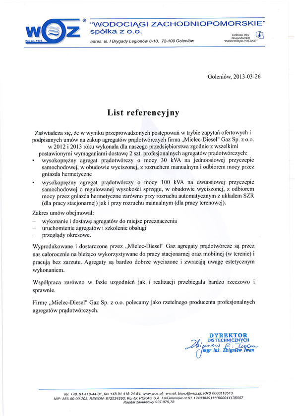 Referencja od firmy Wodociągi Zachodniopomorskie Sp. z o.o.
