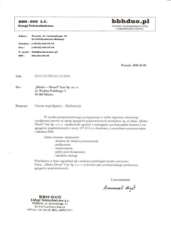 Referencja od firmy BBH DUO S. C.