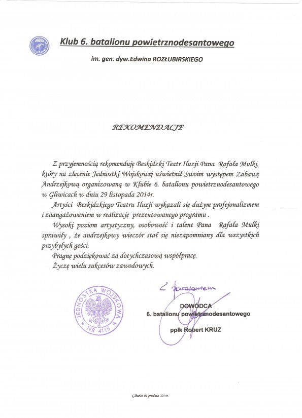 Referencja od firmy Klub 6. batalionu powietrznodesantowego
