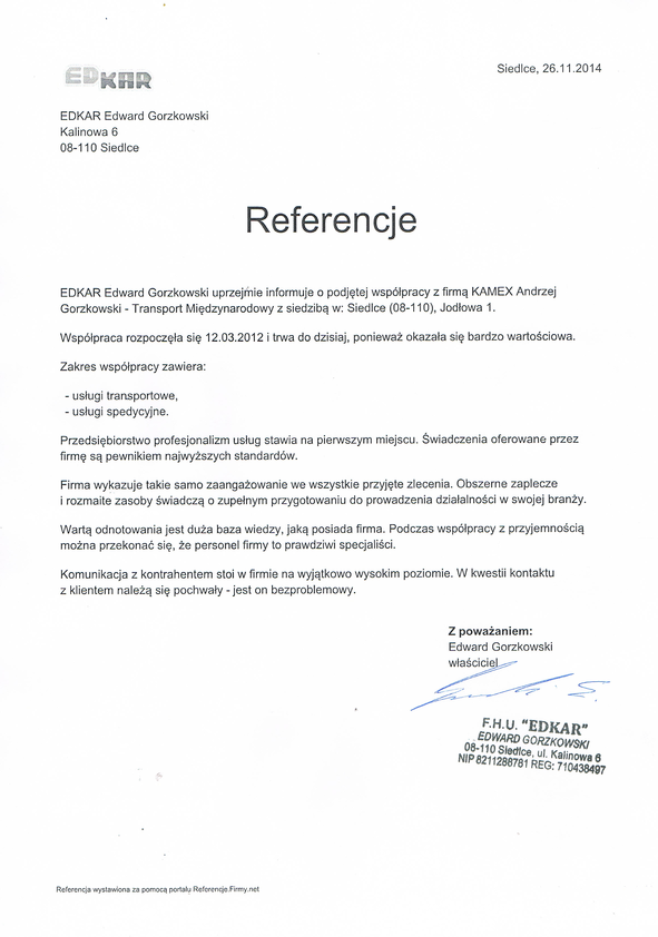 Referencja od firmy EDKAR Edward Gorzkowski