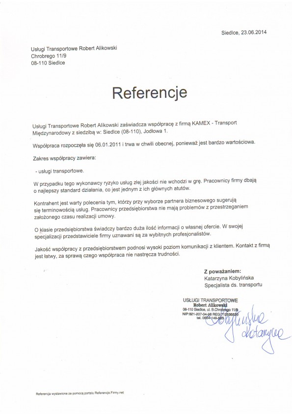 Referencja od firmy Usługi Transportowe Robert Alikowski