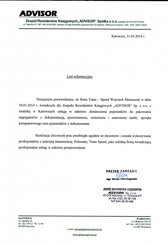 Referencja od firmy Zespół Rewidentów księgowych "Advisor"