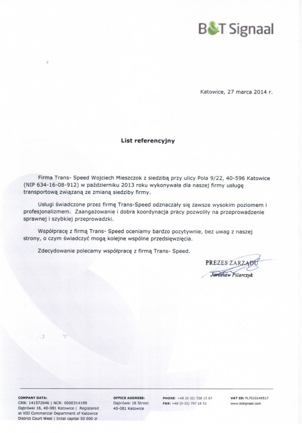 Referencja od firmy B&T Signal