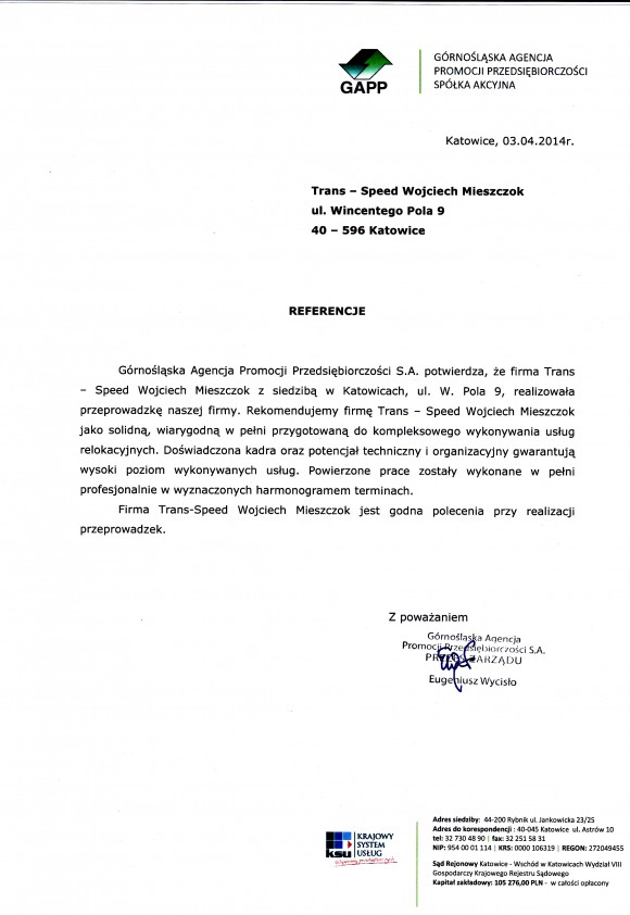 Referencja od firmy Górnośląska Agencja Promocji Przedsiębiorczości S.A.