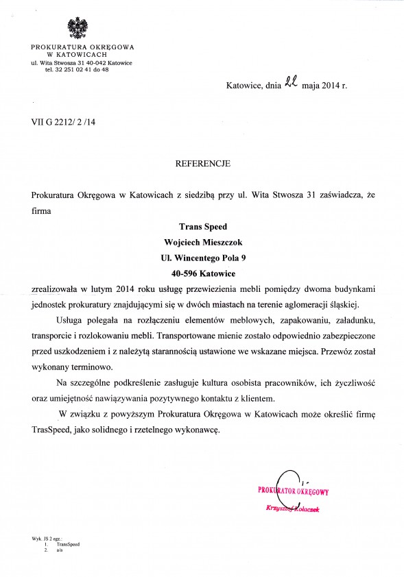 Referencja od firmy Prokuratura Okręgowa w Katowicach