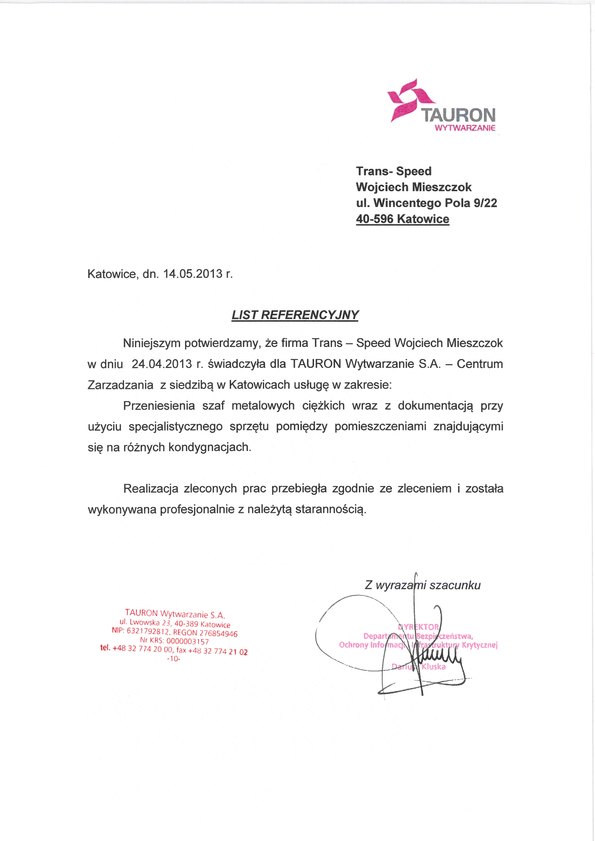 Referencja od firmy Tauron S.A.