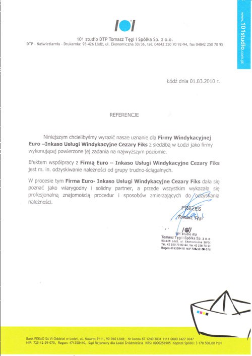 Referencja od firmy 101 studio DTP Tomasz Tęgi i Spółka Sp. z o.o.