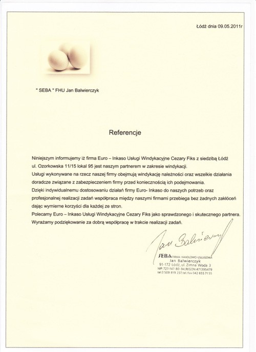 Referencja od firmy "SEBA" FHU Jan Balwierczyk