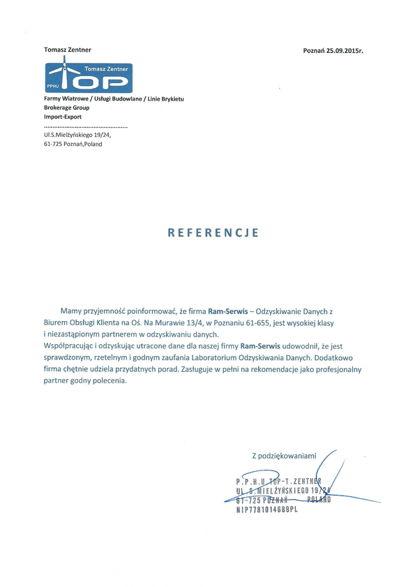 Referencja od firmy P.P.H.U. TOP Farmy Wiatrowe