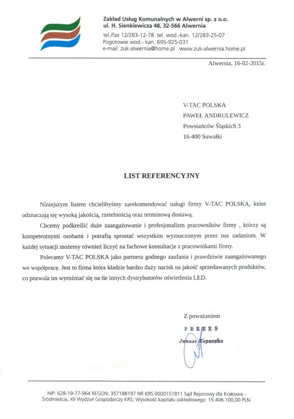 Referencja od firmy ZAKŁAD USŁUG KOMUNALNYCH W ALWERNI