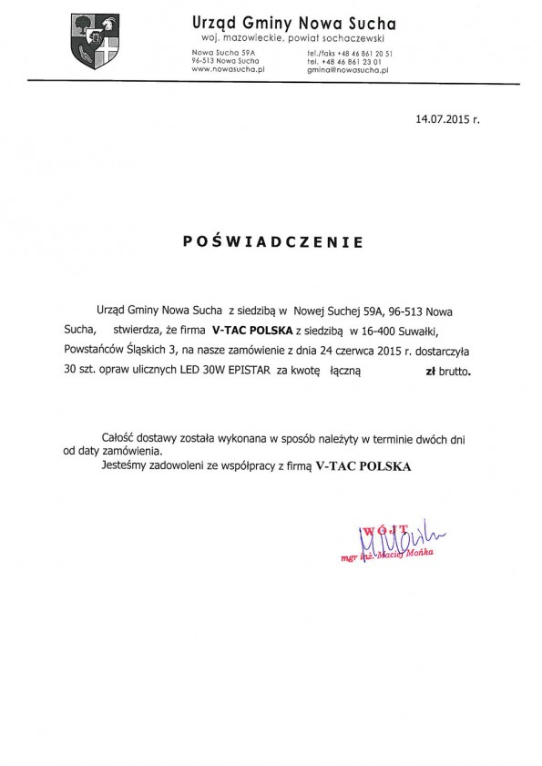 Referencja od firmy GMINA NOWA SUCHA