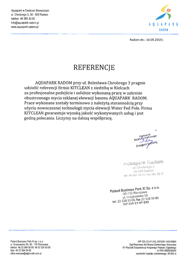 Referencja od firmy AquaPark Radom