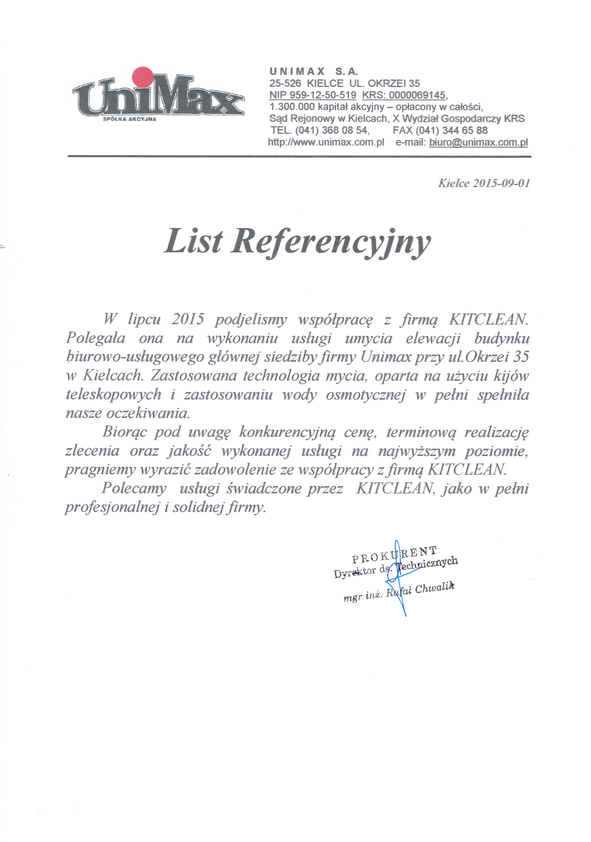 Referencja od firmy Unimax Kielce