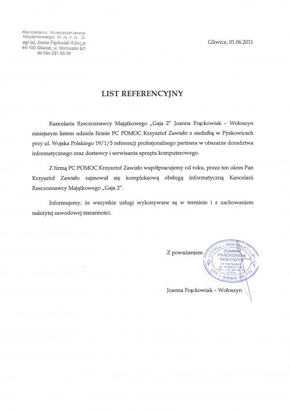 Referencja od firmy Kancelaria Rzeczoznawcy Majątkowego Gaja 2