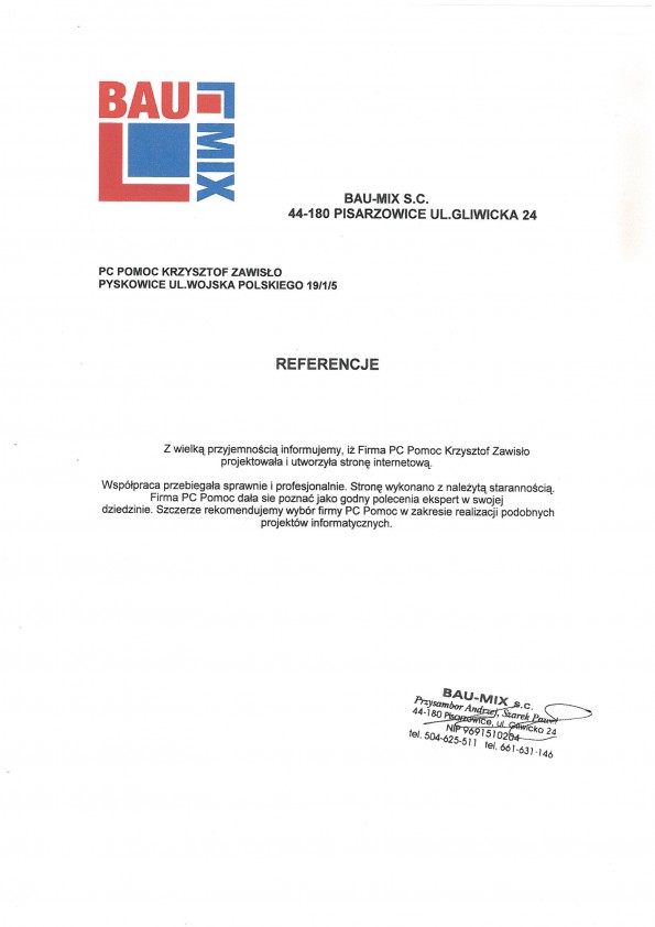 Referencja od firmy BAU-MIX S.C.