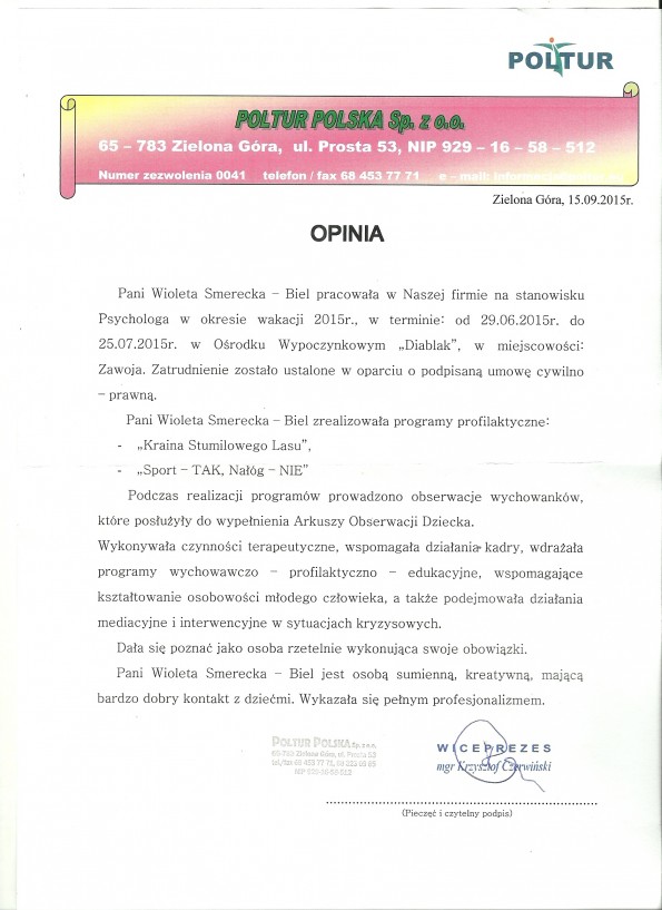 Referencja od firmy Poltur Polska Sp. z o.o.