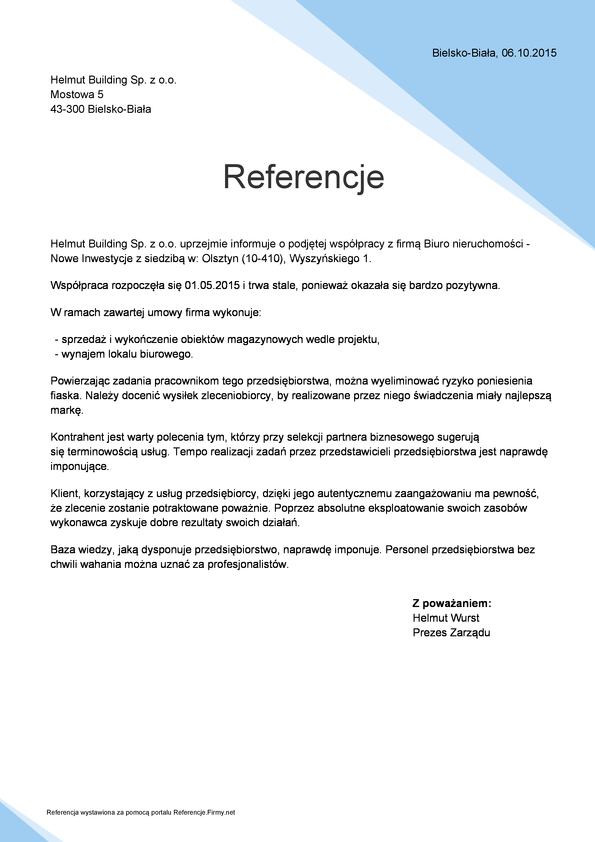 Referencja od firmy Helmut Building Sp. z o.o.