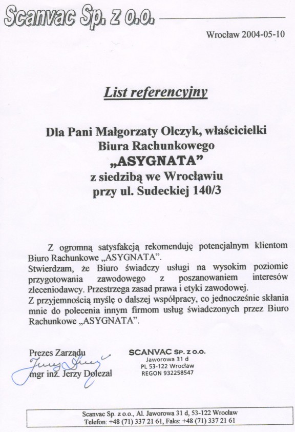 Referencja od firmy Scanvac Sp. z o.o.