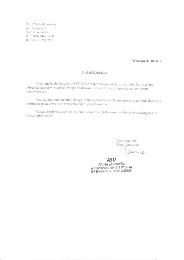 Referencja od firmy ASU Marta Janowska