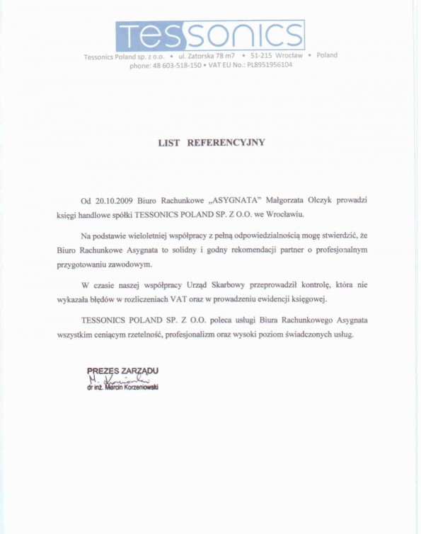 Referencja od firmy Tessonics