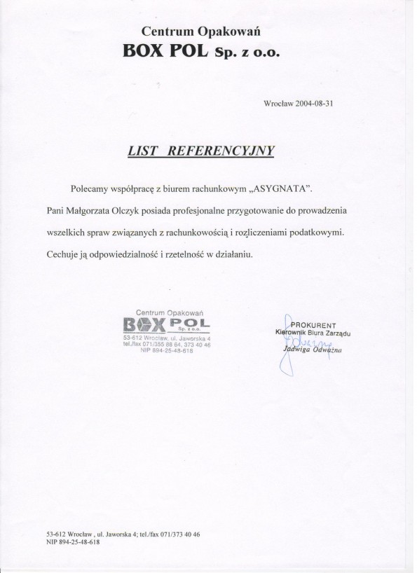 Referencja od firmy BoxPol Sp. z o.o.