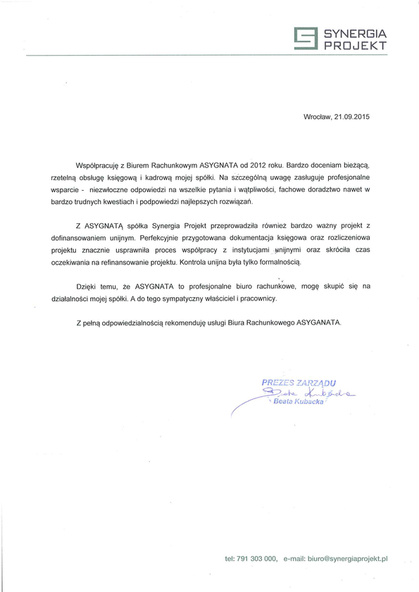Referencja od firmy Synergia Projekt