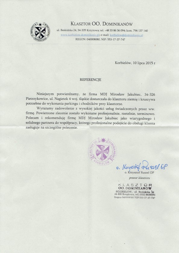 Referencja od firmy Klasztor OO. Dominikanów