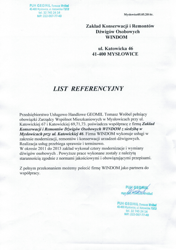 Referencja od firmy Przesiebiorstwo Usługowo Handlowe GEOMIL