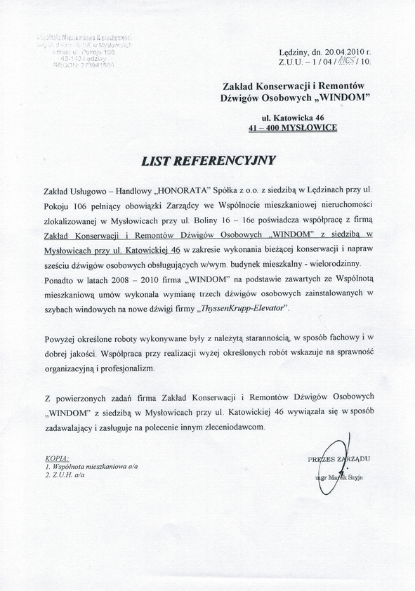 Referencja od firmy Zakład usługowo Handlowy "HONORATA"