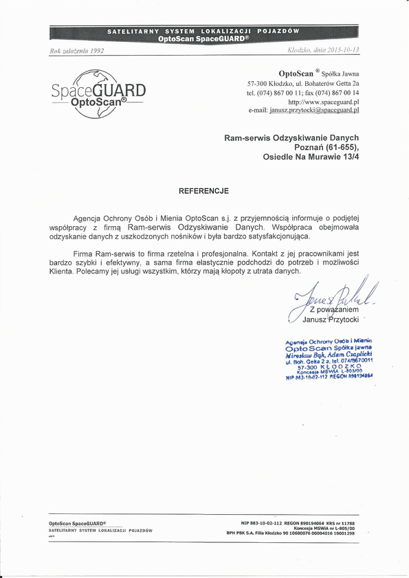Referencja od firmy OptoScan Spółka Jawna