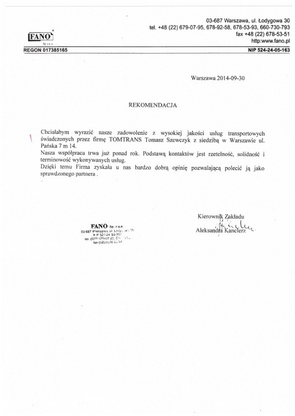 Referencja od firmy FANO sp. z o.o.