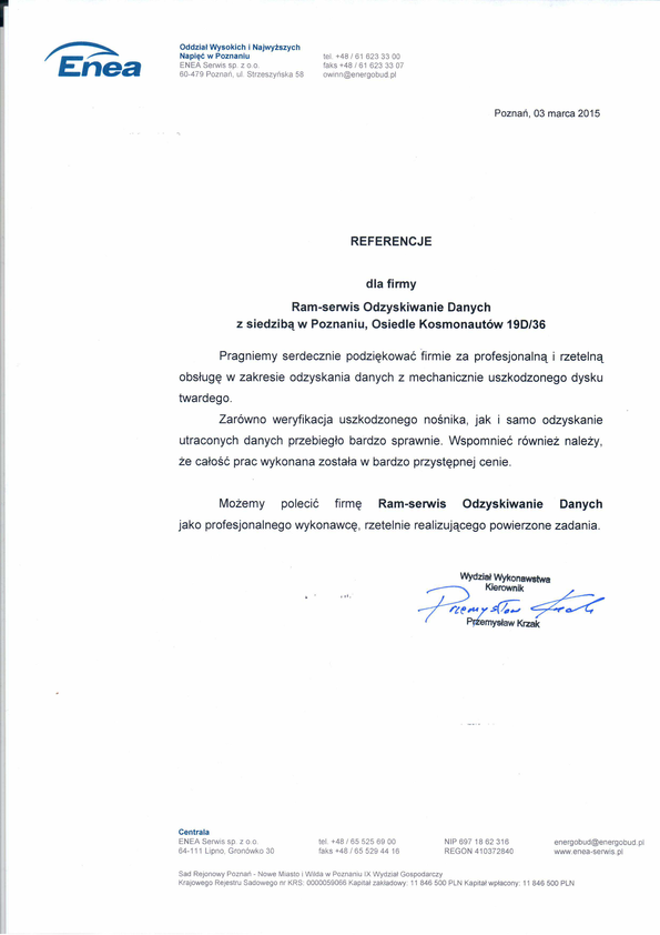 Referencja od firmy Enea Serwis Sp z o.o.