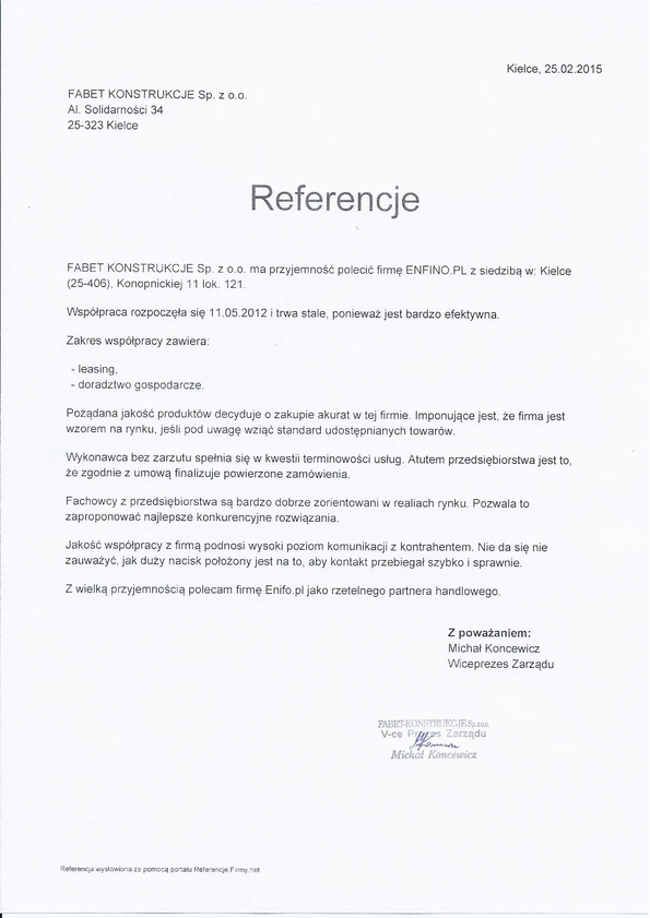 Referencja od firmy Fabet Konstrukcje Sp. z o.o.