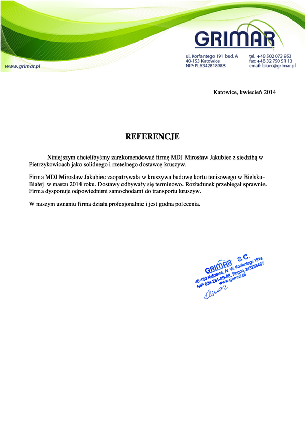 Referencja od firmy GRIMAR
