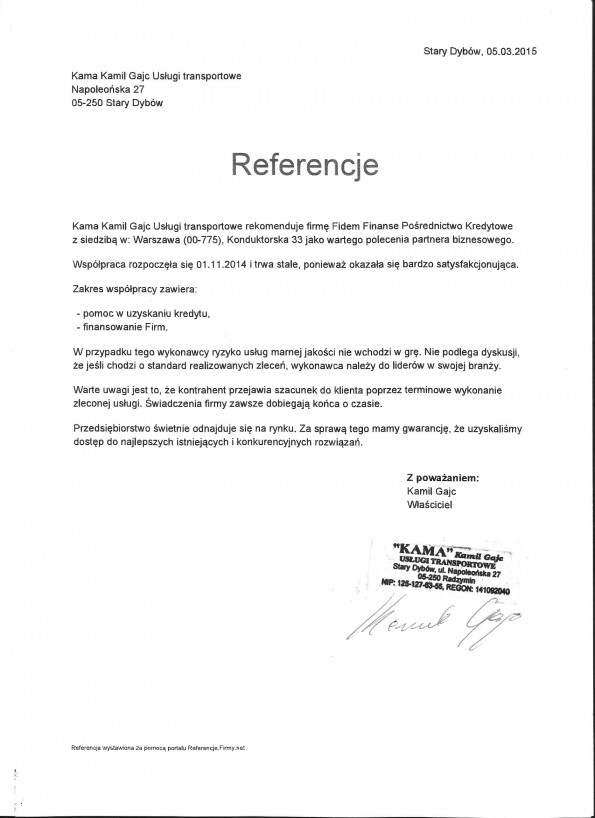 Referencja od firmy Kama Usługi transportowe