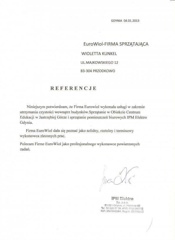 Referencja od firmy IPM Elektro Gdynia